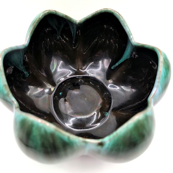 Vtg Blue Mountain Pottery Tulip Bowl 3.5x6.25" Retro Teal/Black Drip Glaze VGC - Picture 3 of 7